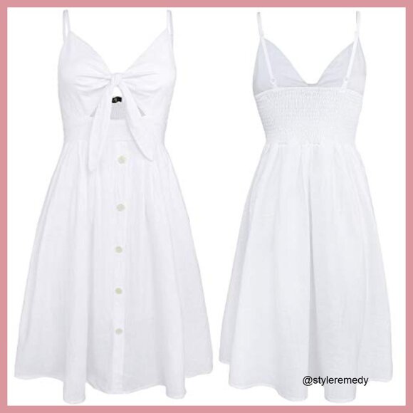 Cotton Blend Tie Front A-Line Midi Dress Spaghetti Strap - Picture 5 of 7